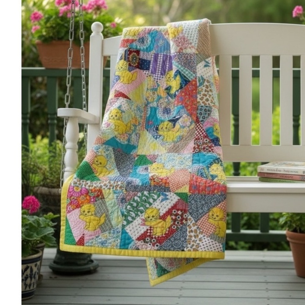 Vintage Kitten Patchwork Quilt Hand‎ Tied Cottagecore Nursery Throw